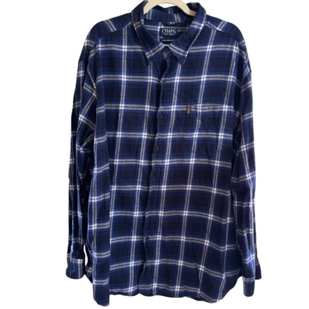 CHAPS Performance Cotton Flannel Shirt‎ Mens 3XB Blue Plaid Long Sleeve